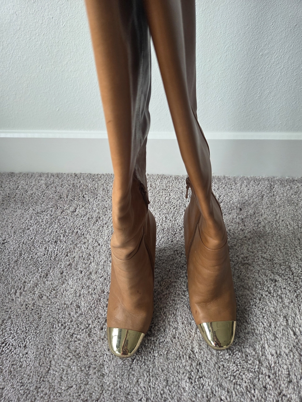 Womens Tan Leather Knee-High Boots with Gold Cap Toe